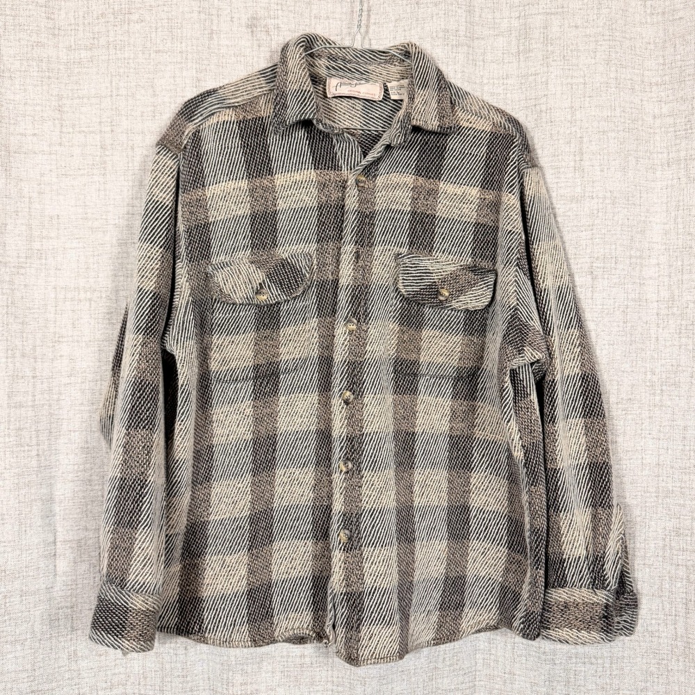 Address Unknown Grunge Flannel Shirt Mens L Grey Plaid Cotton Textured 90s Vtg